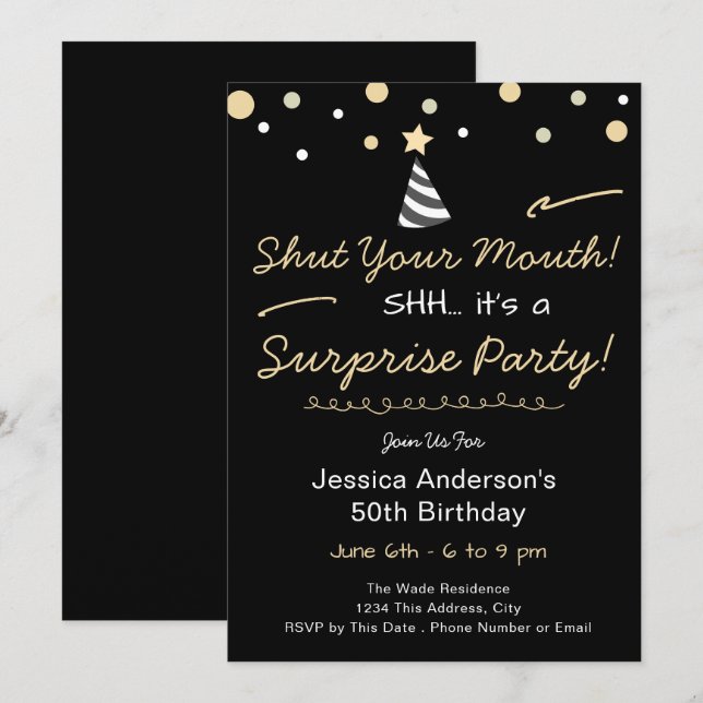 Invitación Fiesta de Cumpleaños Sorpresa Shh (Anverso / Reverso)