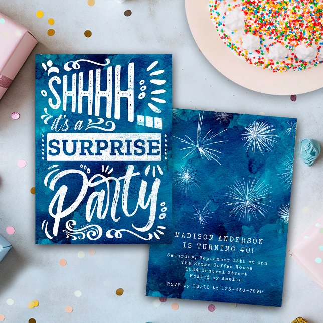 Invitación Fiesta de cumpleaños sorpresa Shh acuarela azul ma (Subido por el creador)