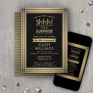 Invitación Fiesta de Cumpleaños Sorpresa ¡Shhh! Elegante Negr