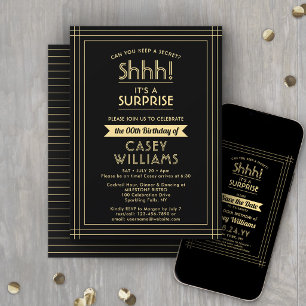 Invitación Fiesta de Cumpleaños Sorpresa ¡Shhh! Elegante Negr