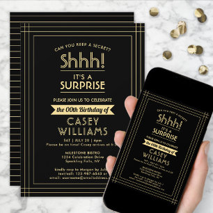 Invitación Fiesta de Cumpleaños Sorpresa ¡Shhh! Elegante Negr
