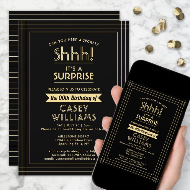 Invitación Fiesta de Cumpleaños Sorpresa ¡Shhh! Elegante Negr (Subido por el creador)