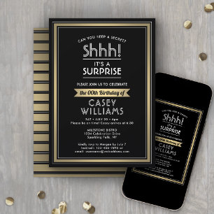 Invitación Fiesta de Cumpleaños Sorpresa ¡Shhh! Negro, Blanco