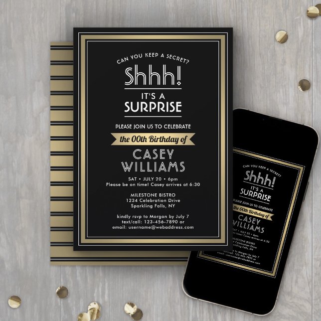Invitación Fiesta de Cumpleaños Sorpresa ¡Shhh! Negro, Blanco (Subido por el creador)