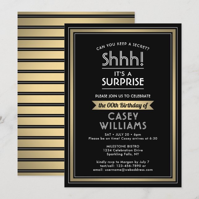 Invitación Fiesta de Cumpleaños Sorpresa ¡Shhh! Negro, Blanco (Anverso / Reverso)