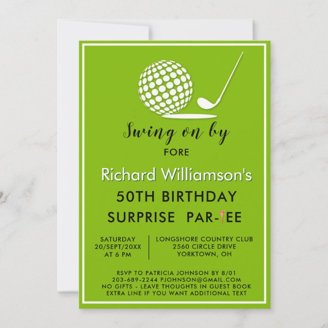 Invitación Fiesta de cumpleaños sorpresa tema de golf para ho (Anverso)