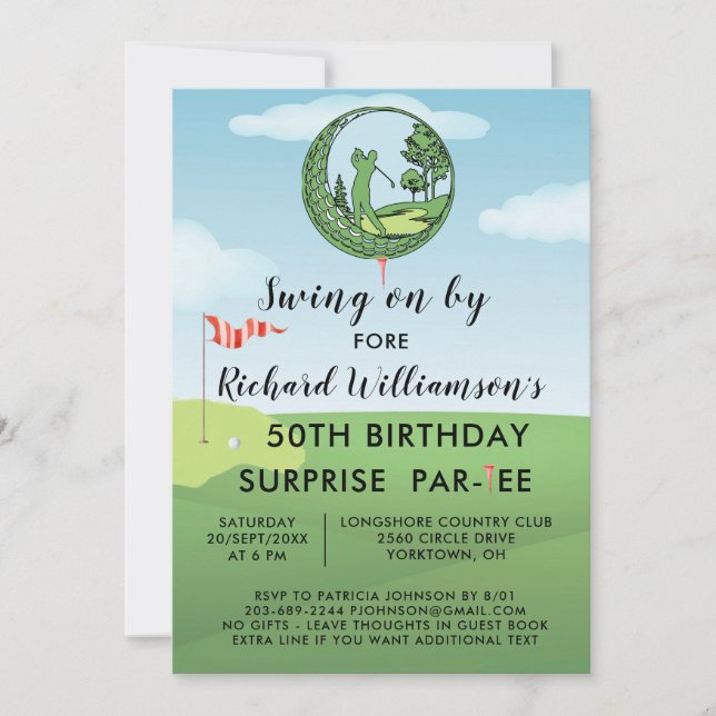 Invitación Fiesta de cumpleaños sorpresa tema de golf para ho (Anverso)