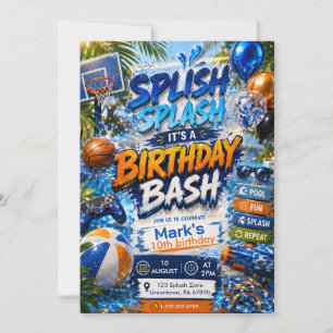 Invitación Fiesta de Cumpleaños Splash Boy Piscina al Agua Ac