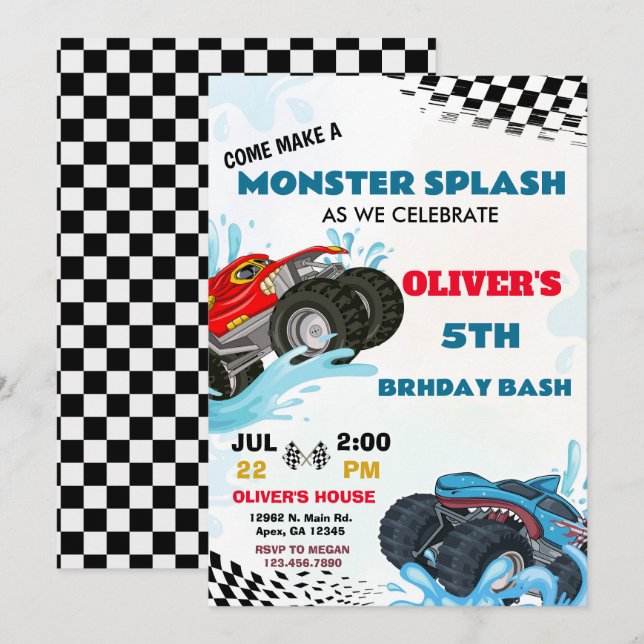 Invitación Fiesta de cumpleaños Splash Monster Truck  (Anverso / Reverso)