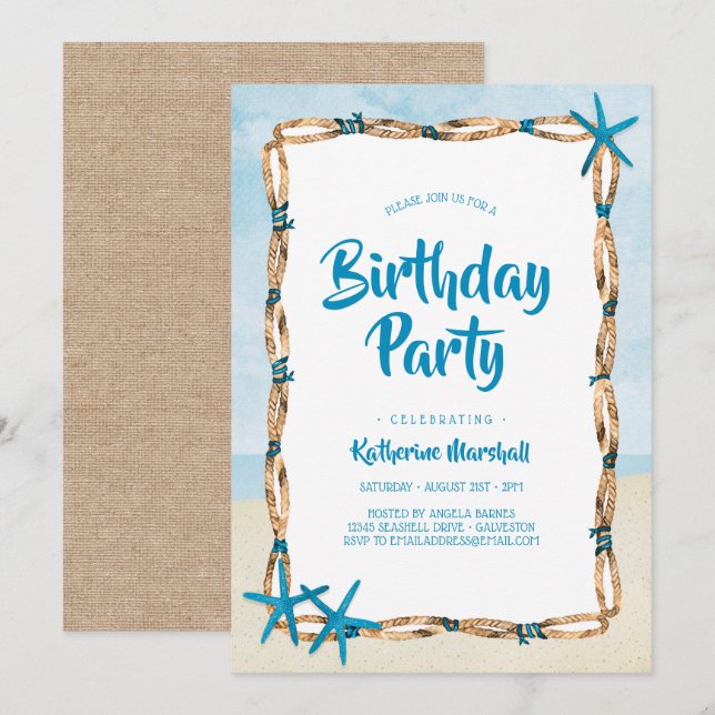 Invitación Fiesta de cumpleaños Starfish Beach 2 (Anverso / Reverso)
