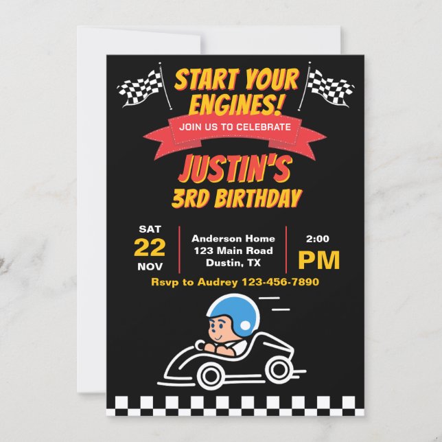 Invitación Fiesta de Cumpleaños Start Your Engines Kids (Anverso)