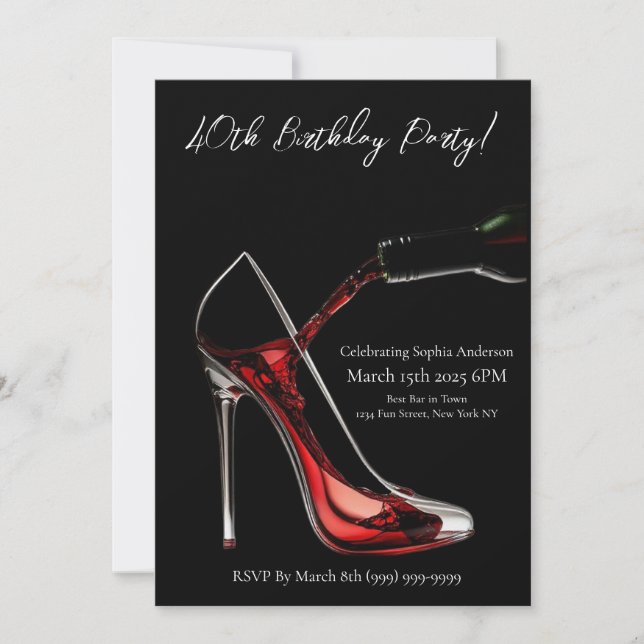 Invitación Fiesta de cumpleaños-Stiletto con vino (Anverso)
