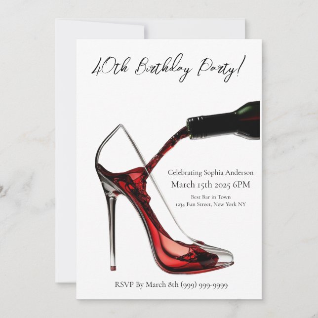 Invitación Fiesta de cumpleaños-Stiletto con vino (Anverso)