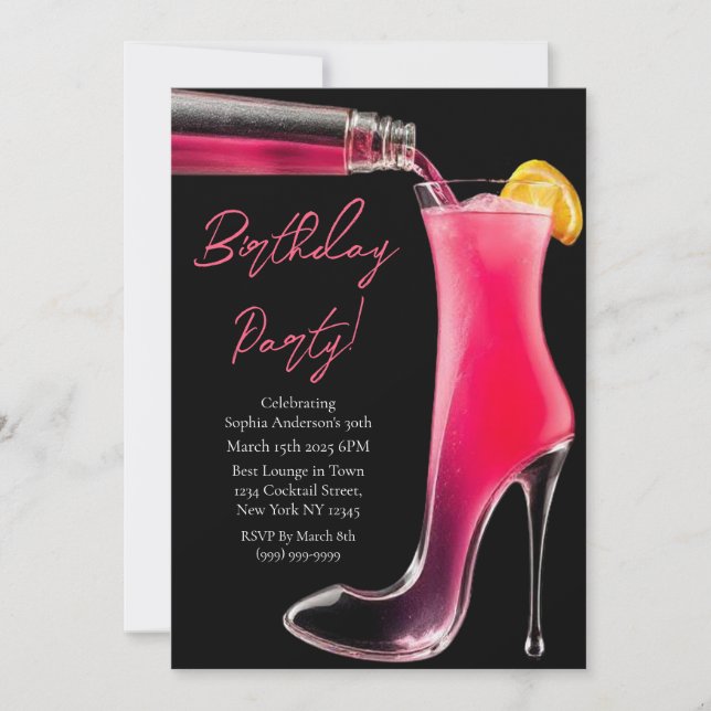 Invitación Fiesta de cumpleaños-Stiletto y cócteles (Anverso)