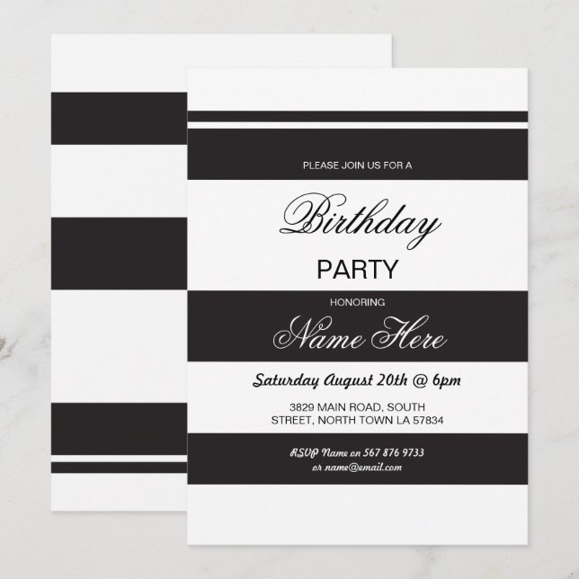 Invitación Fiesta de cumpleaños Stripe Black & White Invite 3 (Anverso / Reverso)