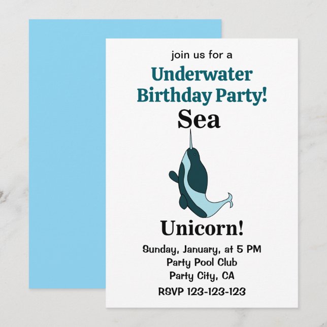 Invitación Fiesta de Cumpleaños Subacuática del Unicornio Mar (Anverso / Reverso)