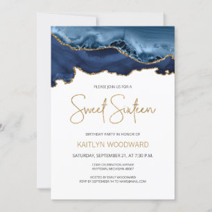 Invitación Fiesta de cumpleaños Sweet 16 azul marino con ágat