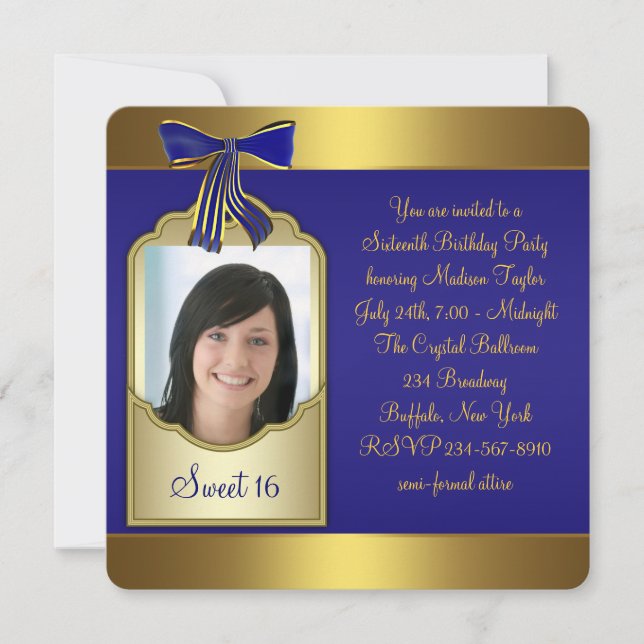 Invitación Fiesta de cumpleaños Sweet 16 azul real oro (Anverso)
