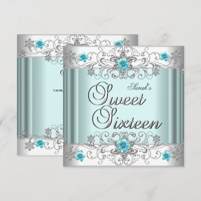 Invitación Fiesta de cumpleaños Sweet 16 azul turquesa blanco (Anverso / Reverso)