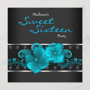 Invitación Fiesta de cumpleaños Sweet 16 azul turquesa negro