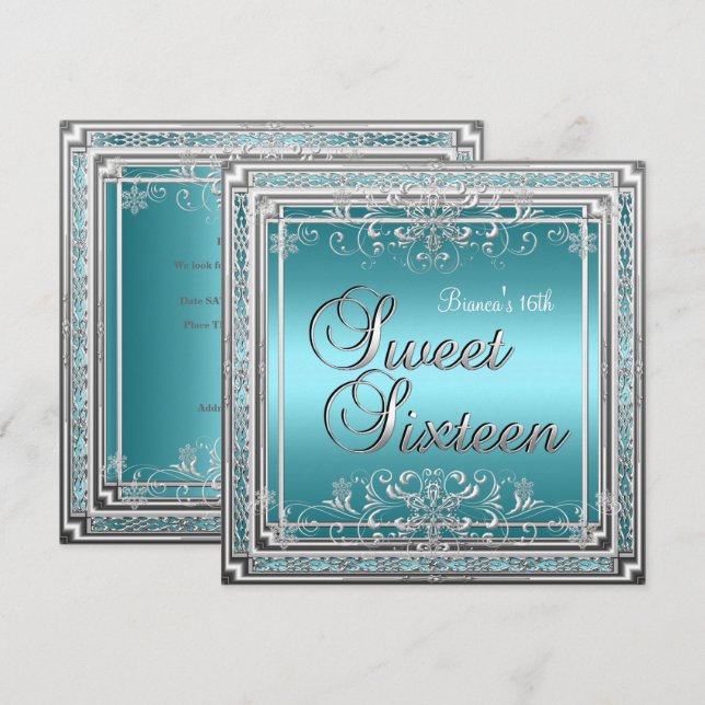 Invitación Fiesta de cumpleaños Sweet 16 azul turquesa plata  (Anverso / Reverso)