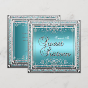 Invitación Fiesta de cumpleaños Sweet 16 azul turquesa plata