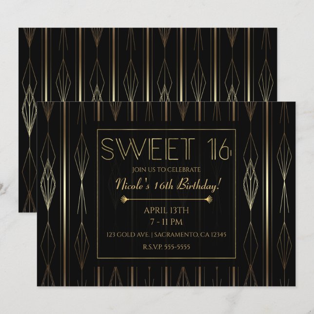 Invitación Fiesta de cumpleaños Sweet 16 con arte deco en neg (Anverso / Reverso)
