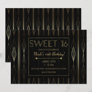 Invitación Fiesta de cumpleaños Sweet 16 con arte deco en neg
