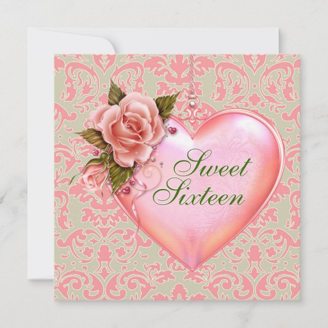 Invitación Fiesta de Cumpleaños Sweet 16 con Corazones Rosas  (Anverso)