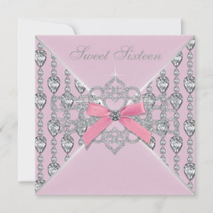 Invitación Fiesta de cumpleaños Sweet 16 con diamantes rosado