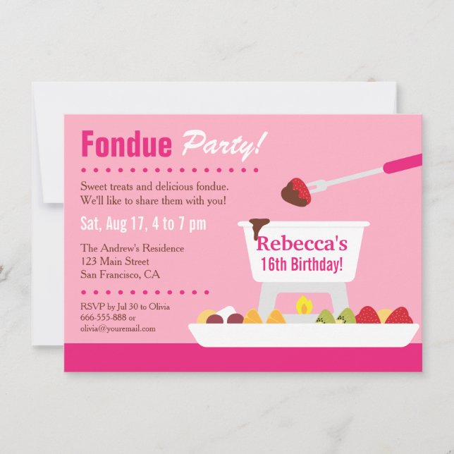 Invitación Fiesta de Cumpleaños Sweet 16 con Fondue de Chocol (Anverso)