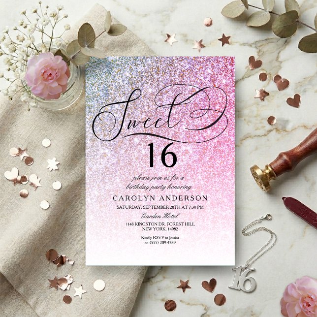 Invitación Fiesta de cumpleaños Sweet 16 con letra elegante y (Subido por el creador)