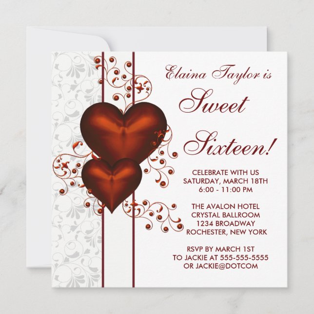 Invitación Fiesta de cumpleaños Sweet 16 Corazón Rojo Damask (Anverso)