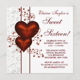 Invitación Fiesta de cumpleaños Sweet 16 Corazón Rojo Damask