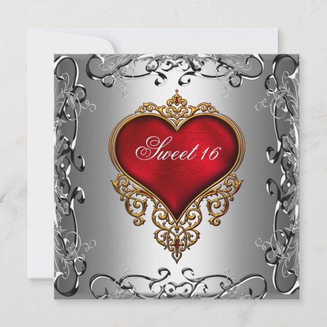 Invitación Fiesta de cumpleaños Sweet 16 corazón rojo platead (Anverso)