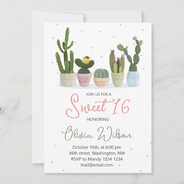 Invitación Fiesta de cumpleaños Sweet 16 de Cactus (Anverso)