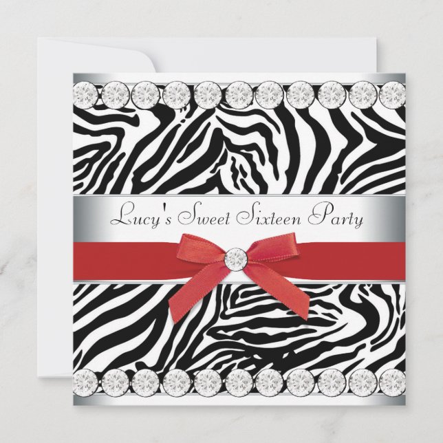 Invitación Fiesta de cumpleaños Sweet 16 de cebra roja (Anverso)