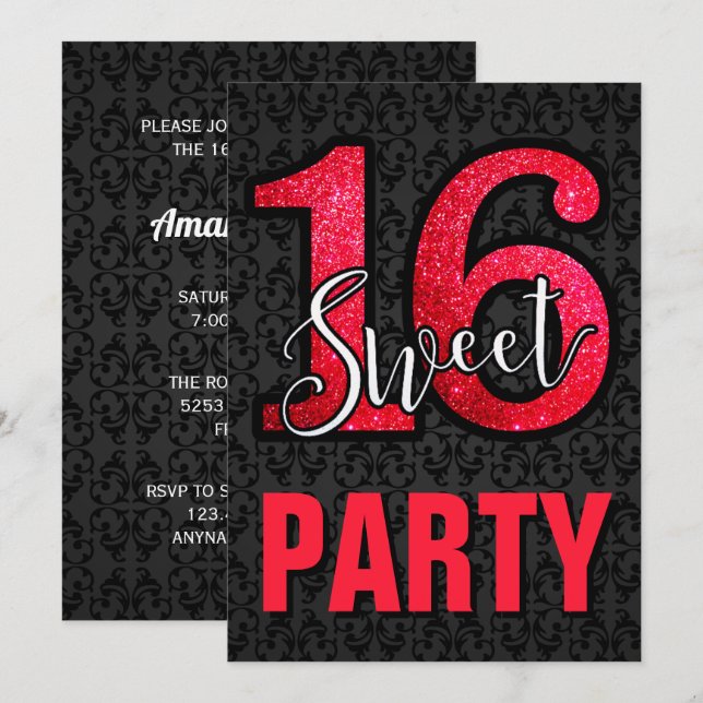 Invitación Fiesta de Cumpleaños Sweet 16 de Damasco Negro con (Anverso / Reverso)