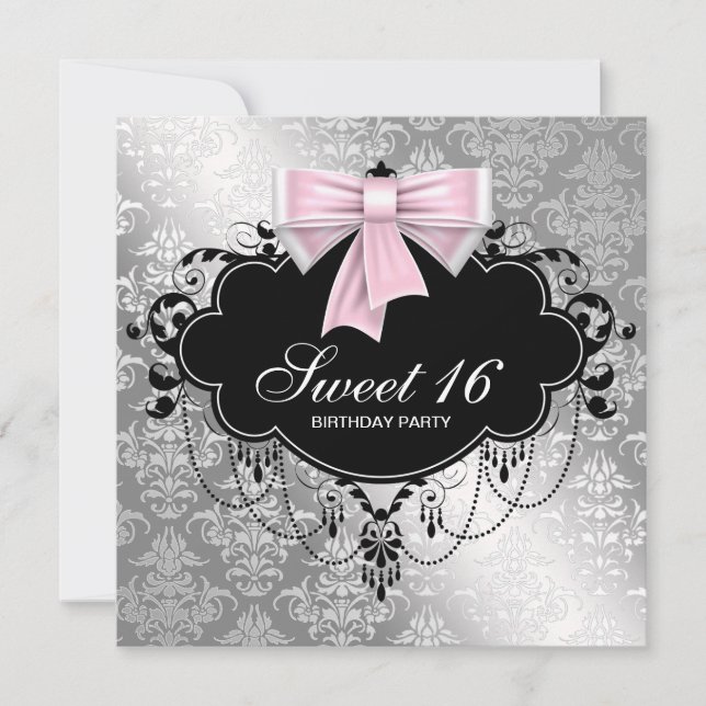 Invitación Fiesta de cumpleaños Sweet 16 de Damasco Negro Ros (Anverso)