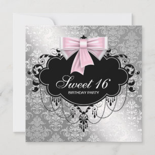 Invitación Fiesta de cumpleaños Sweet 16 de Damasco Negro Ros