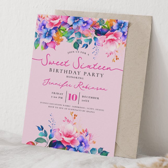 Invitación Fiesta de Cumpleaños Sweet 16 de Flores de Arcoíri (Subido por el creador)