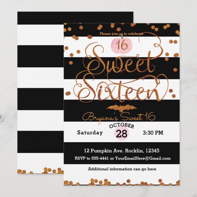 Invitación Fiesta de cumpleaños Sweet 16 de Halloween negra b (Anverso / Reverso)