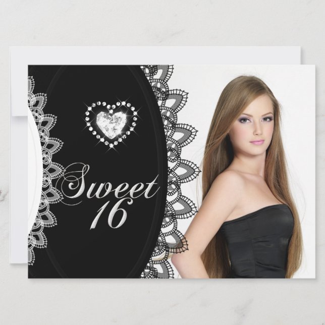 Invitación Fiesta de cumpleaños Sweet 16 Dieciséis Encaje Neg (Anverso)
