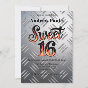 Invitación Fiesta de Cumpleaños Sweet 16 en llamas y placa de