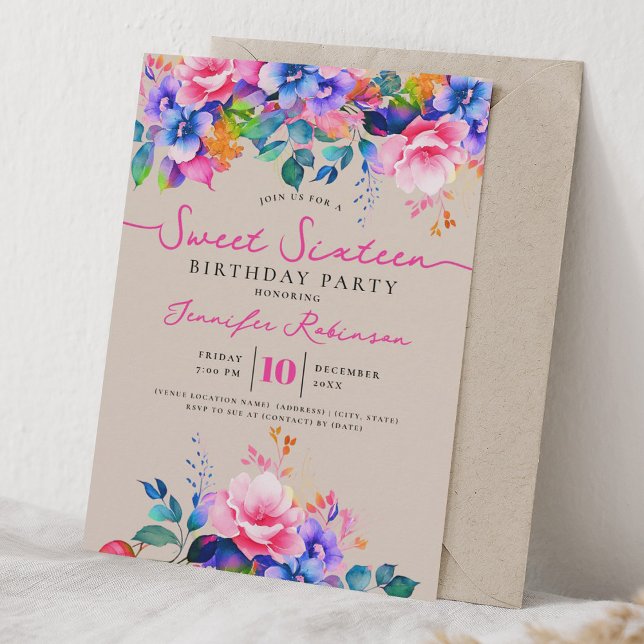 Invitación Fiesta de Cumpleaños Sweet 16 Floral Arcoíris Feme (Girly Rainbow Floral Sweet 16 Birthday Party Invitation)