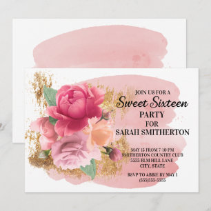 Invitación Fiesta de cumpleaños Sweet 16 Flores rosadas con b