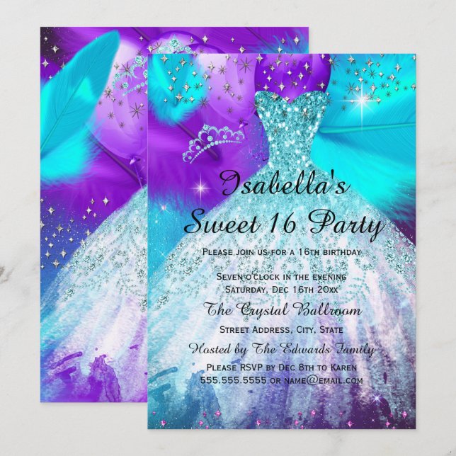 Invitación Fiesta de Cumpleaños Sweet 16 Globos Azules Turque (Anverso / Reverso)