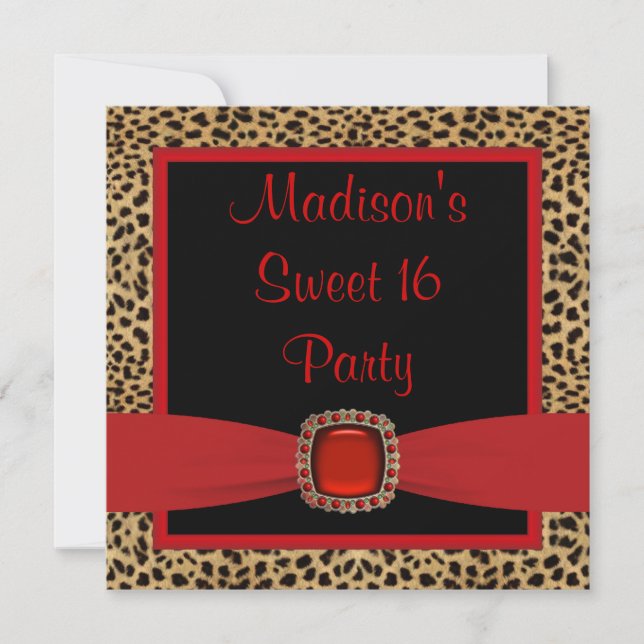Invitación Fiesta de cumpleaños Sweet 16 Leopardo Rojo (Anverso)