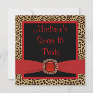 Invitación Fiesta de cumpleaños Sweet 16 Leopardo Rojo