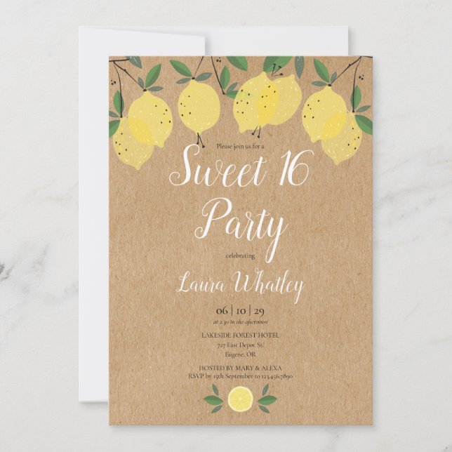 Invitación Fiesta de Cumpleaños Sweet 16 Limones Rústicos (Anverso)